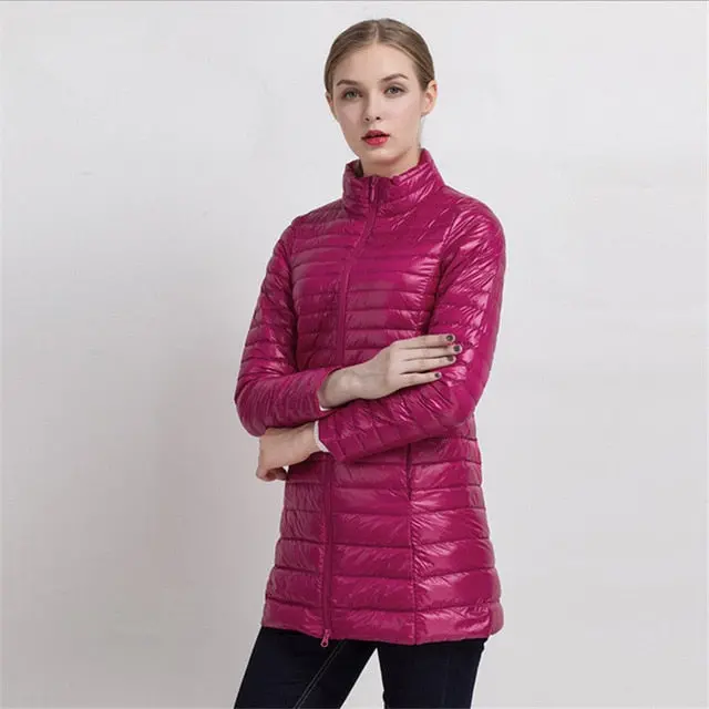 Johnature Women's Slim Winter Down Jacket with Stand Collar – Lightweight White Duck Feather Long Coat - Image 5