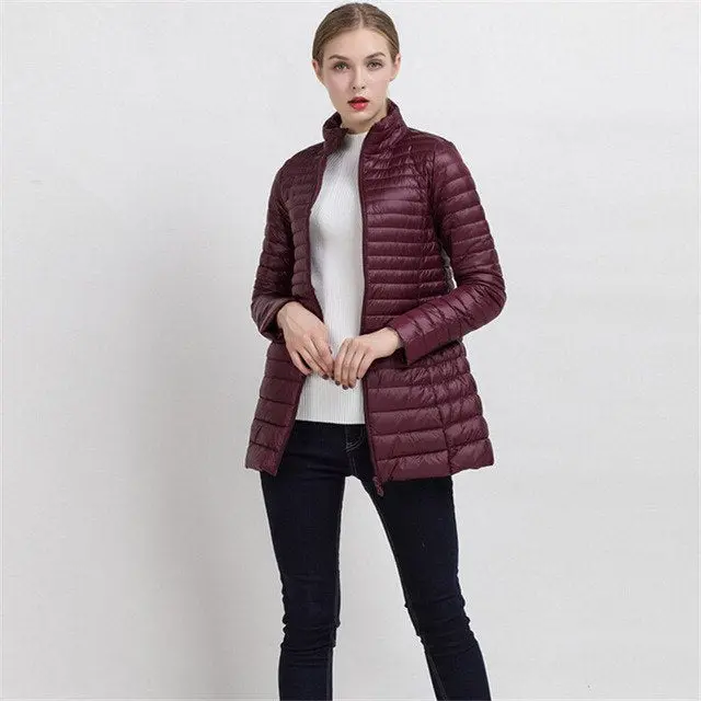 Johnature Women's Slim Winter Down Jacket with Stand Collar – Lightweight White Duck Feather Long Coat - Image 7