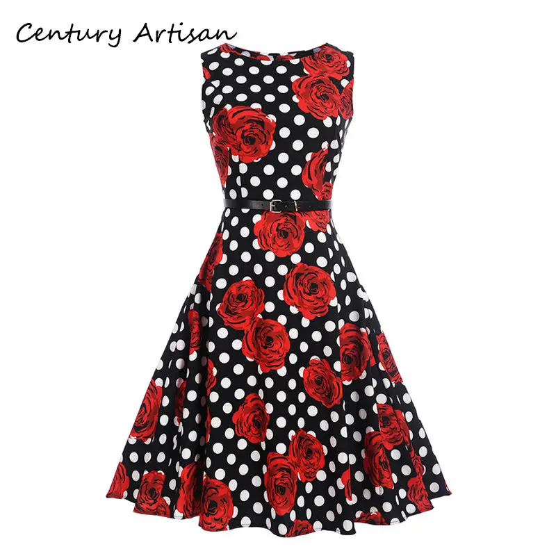 Cyan Women Summer Dress 2018 Casual Floral Print Ball Gown Sleeveless Dress Vintage 50S 60S Party Dresses Female Vestidos 2Xl 1