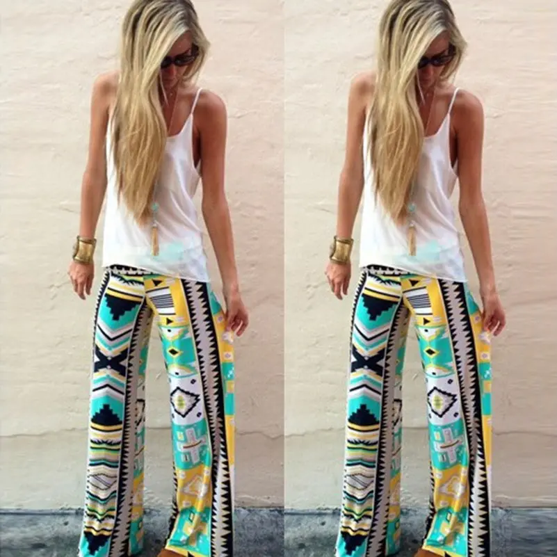 Floral Casual Wide Leg Long Harem Pants Mid Waist Flare Print Long Palazzo Trousers Boho Floral Classic Beach Pants Preppy ** 1