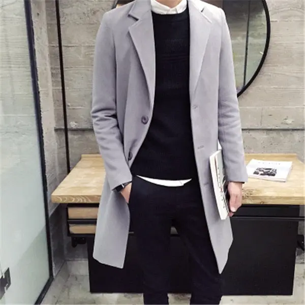 2018 Spring Men's Casual Long Sleeve Woolen Coat / Men's Solid Color Long Trench Coats Blends / Plus Size 5Xl 1