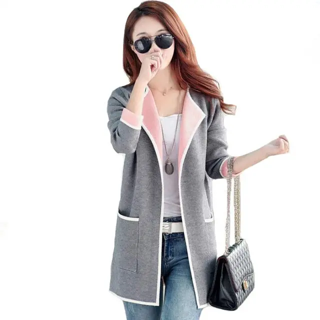 Women's Autumn Coat Grey/Pink Long Trench Coat Big Size 2017 Knitted Open Stitch Female Trench Coat Windbreaker Cardigan 3