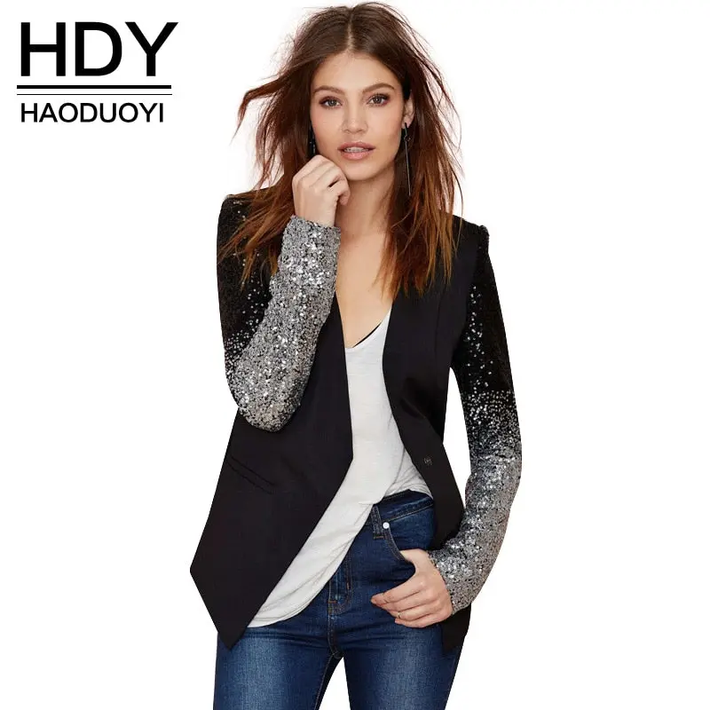 Hdy Haoduoyi Spring Sequin Patchwork Sleeve Jackets Pu Leather Slim Fit Club Jacket Causal Winter Coats Female Outwear Hot Sell 1