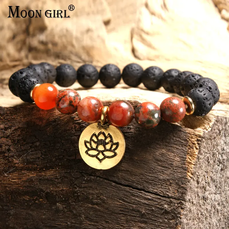 Moon Girl 7 Styles Lotus Lava Stone Chakra Men Bracelet Vintage Boho Yoga Meditation Charm Bracelets For Women Drop Shipping 1