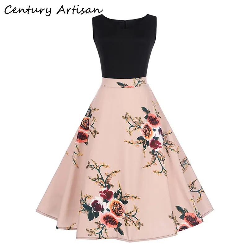Cyan Elegant Women Summer Dress 2018 Casual Floral Sleeveless Ball Gown Dress Vintage Sexy 50S 60S Party Dresses Female Vestidos 1