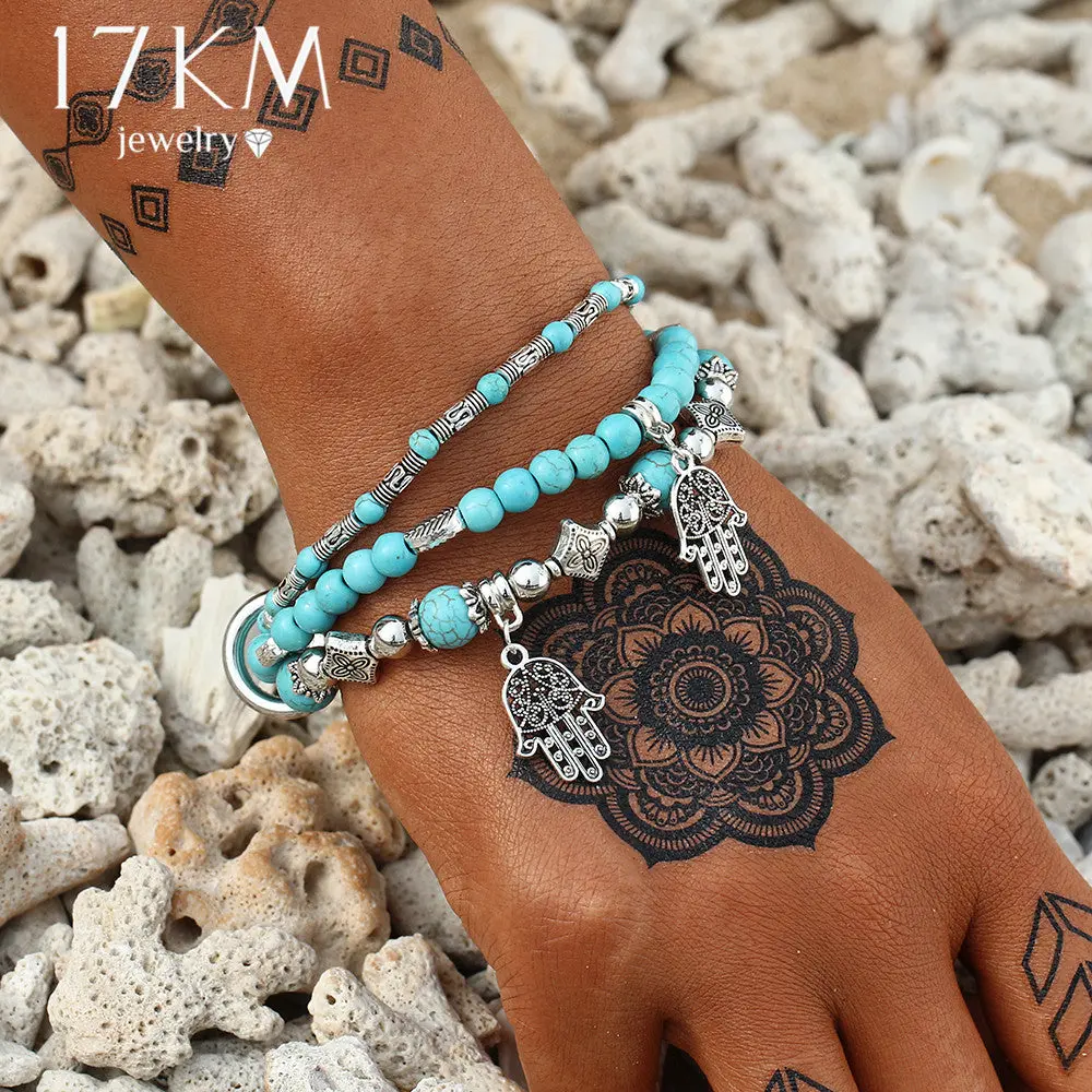 17Km 3Pcs Vintage Hamsa Hand Bracelets & Bangles For Women Femme Stone Beads Charm Diy Love Bracelet Bijoux Ethnic Boho Jewelry 1