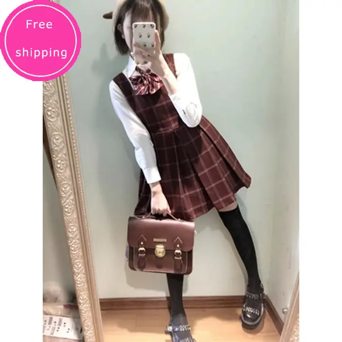 Cute Women's Japanese Preppy Style Sleeveless Tank Dress Plaid Checks Winter Lolita Dress Dark Red&Dark Blue 1