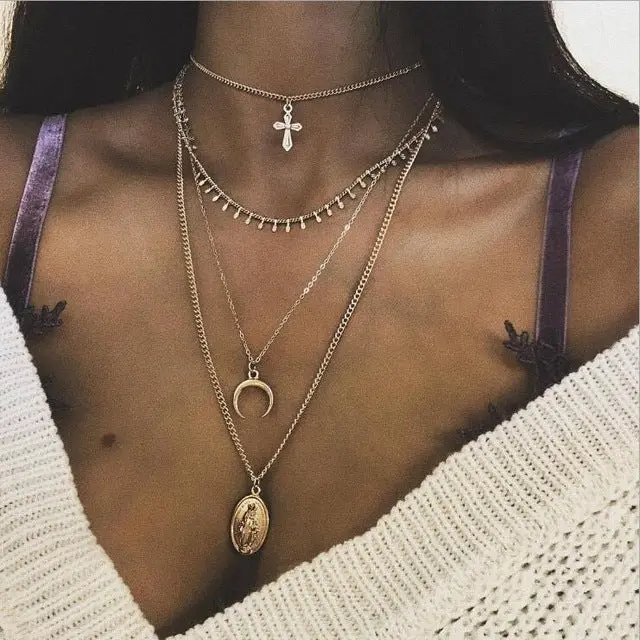 Kmvexo 2018 New Vintage Silver Metal Om Elephant Moon Pendant Choker Collar Necklace Women Boho Multilayers Chocker Necklaces 9
