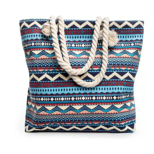 Canvas Bohemian Style Striped Shoulder Beach Bag 1