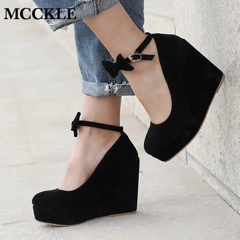 Mcckle Women High Heels Plus Size Bowtie Platform Wedges Shoes Ladies Female Pumps Elegant Flock Buckle Strap Party Wedding Shoe 1