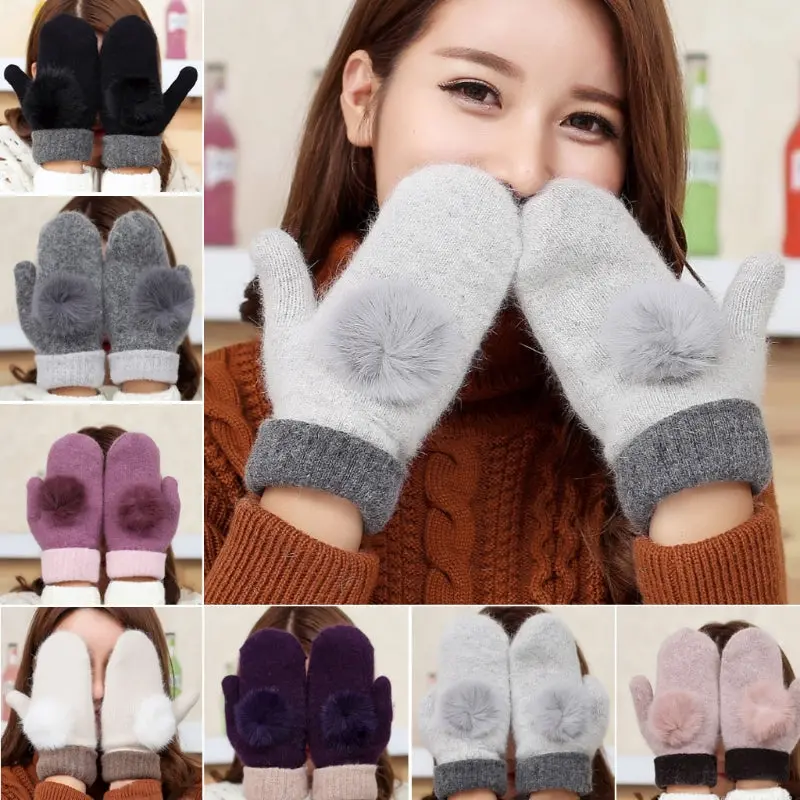 2018 New Fashion Women Lady Knitted Gloves Mitten Woolen Rabbit Fur Winter Keep Warm Thick Hands Wrist Gloves 1