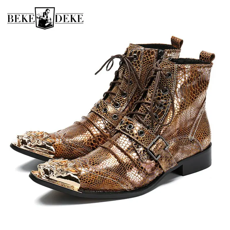 2018 New Snake Punk Martin Boots For Men Genuine Leather Buckle Metal Pointed Toe Male Ankle Boots Lace Up Gothic Riding Shoes 1