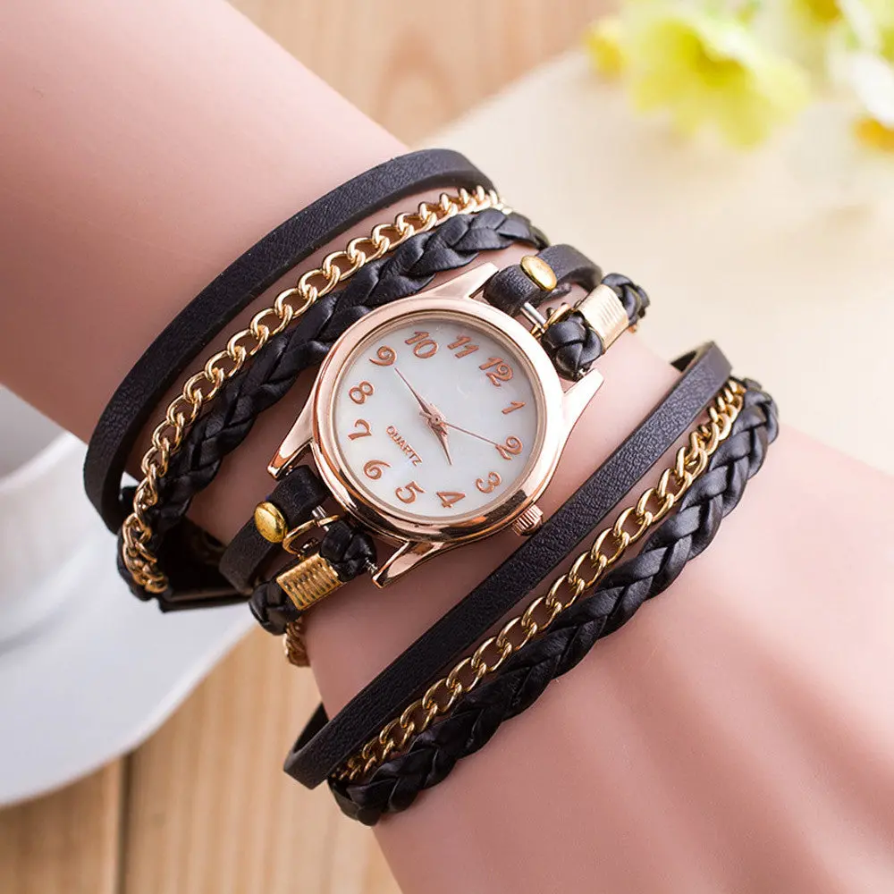 Boho Style Watches Women 2018 Fashion Wrap Around Bracelet Watch Synthetic Leather Quartz-Watch Montre Femme Bayan Kol Saati 1