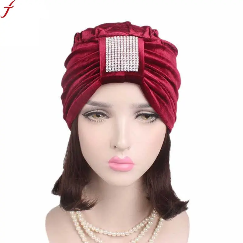 2017 New Women Hats Diamond Jewel Caps Women Ladies Boho Cancer Hat Beanie Velvet Turban Head Wrap Cap Casquette Homme 1