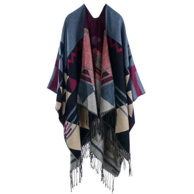 Coutudi 2017 Winter Tassel Scarves Ponchos And Capes Women Warm Soft Imitate Cashmere Striped Shawls And Wraps Boho Knit Scarf 2