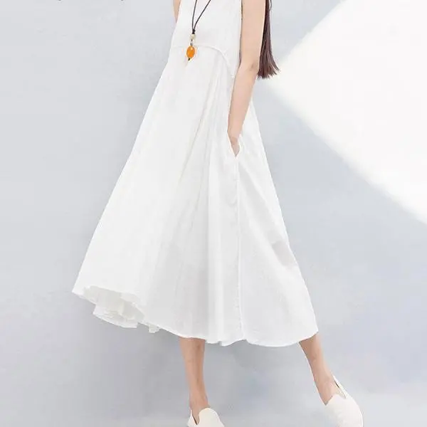 Mferlier Mori Girl Summer Solid Artsy A Line Dress Spaghetti Strap High Waist Pleated White Yellow Blue Dresses 1