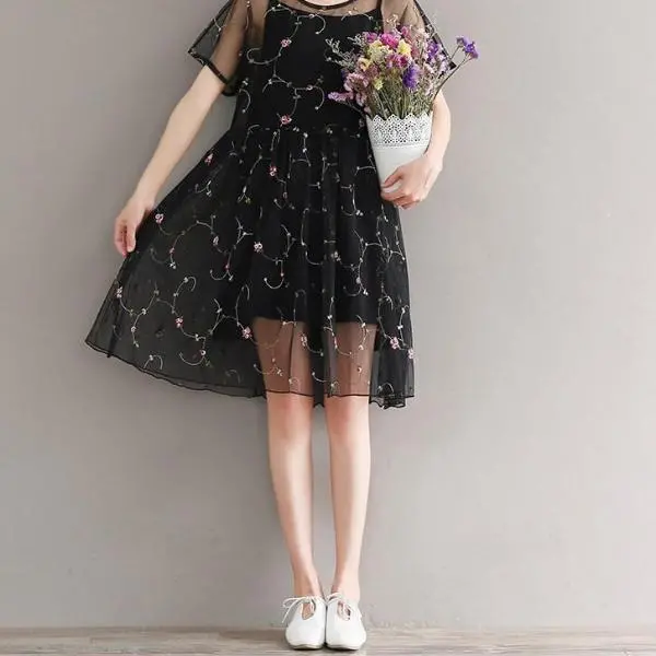 Mferlier Mori Girl Summer Mesh Embroidery Retro Dress O Neck Short Sleeve Women Artsy Waist Pleated Two Pieces Woman Dress 1