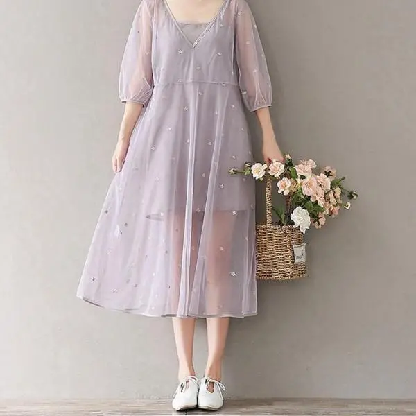 Mferlier Mori Girl Artsy Mesh Summer Dress V Neck Short Sleeve Embroidery Women Loose Casual Two Pieces Summer Dresses 1