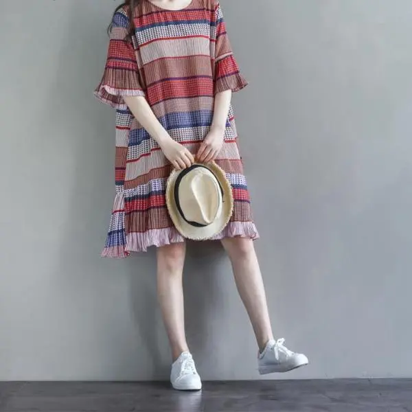 Mferlier Women Artsy Pleated Chiffon Dress O Neck Butterfly Sleeve Ruffles Hem Patchwork Summer Beach Dress 1