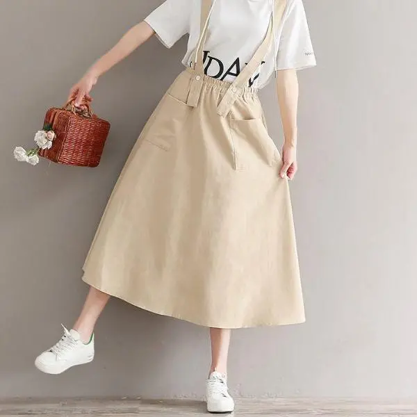 Mferlier Summer Womens Skirts Elastic Waist Removable Strap Two Front Pocket Cotton Linen Artsy Female Casual Skirts 1