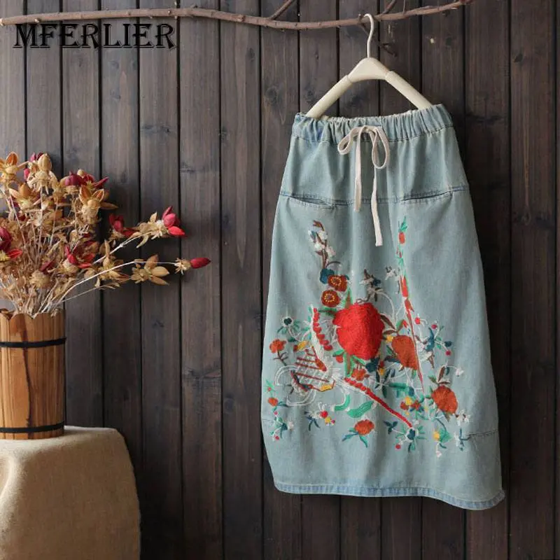 Mferlier Mori Girl Summer Embroidery Denim Skirts Bow Elastic Waist Pocket Artsy Vintage All Match Womens Skirts 1