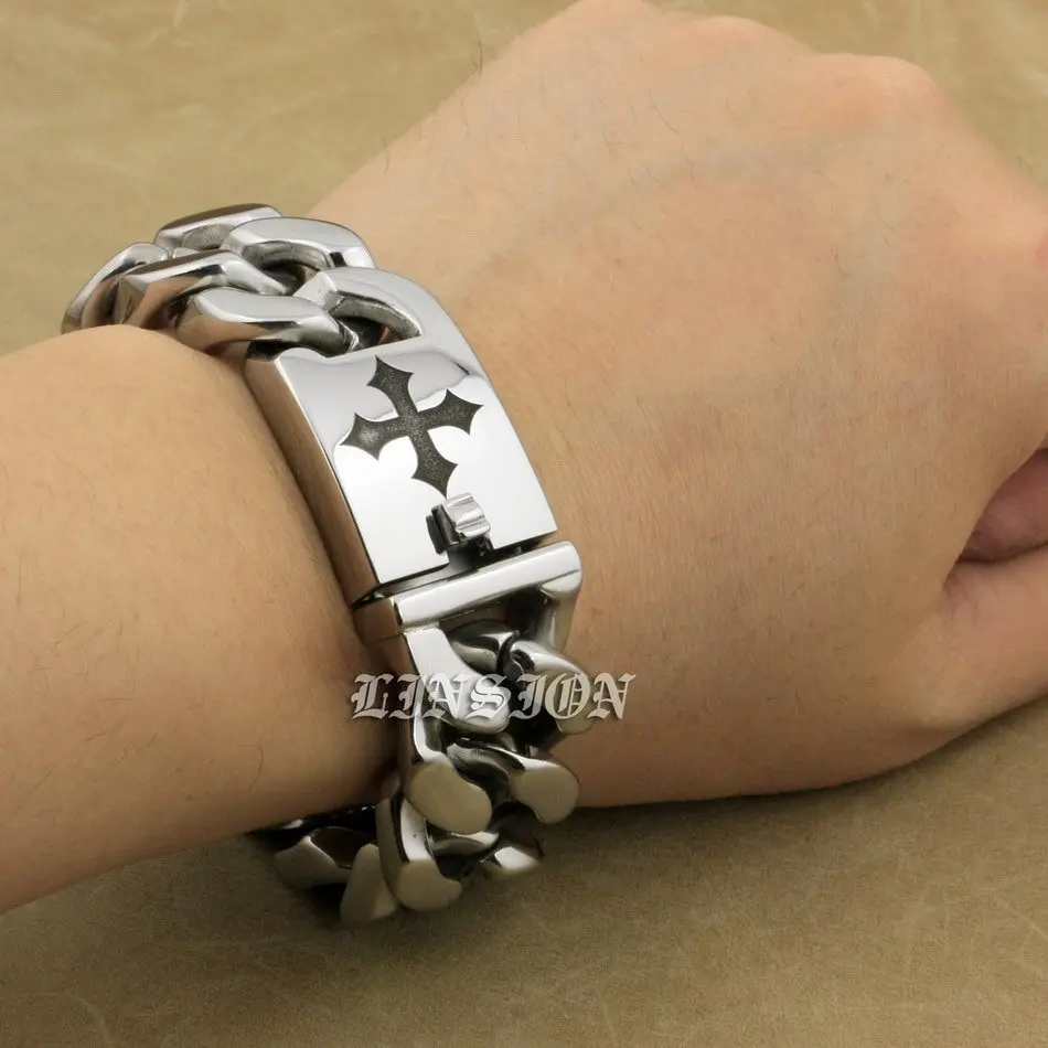 Engraving Service 316L Stainless Steel Deep Engraved Cross Mens Biker Rocker Punk Bracelet 5D306 9 Lengths Available 1