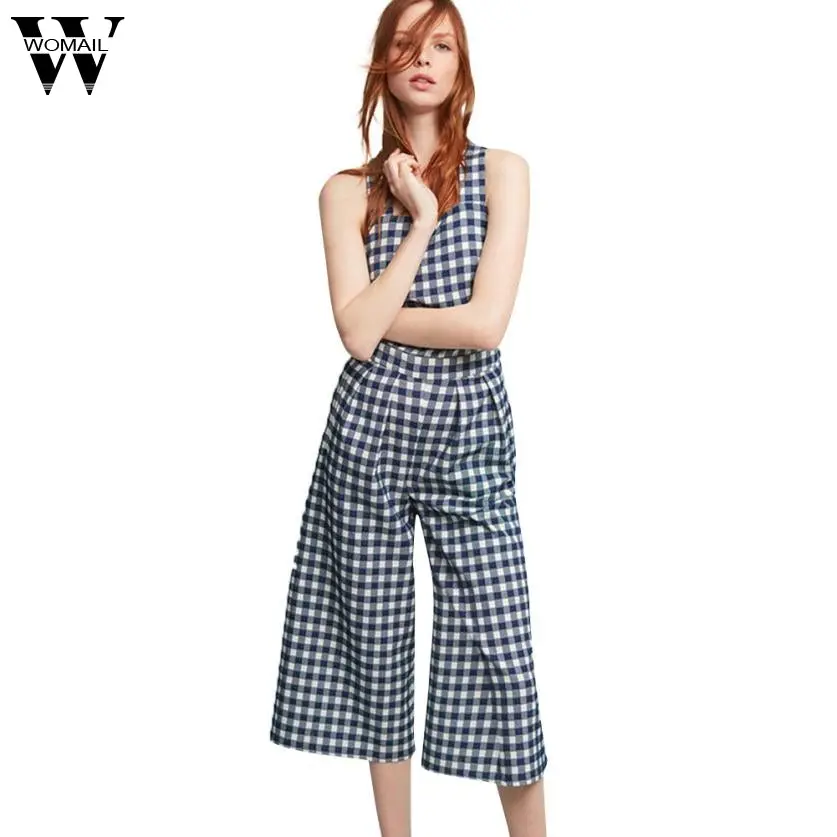 2017 New Fashion  White Blue Plaid Women Jumpsuits Back Cross Sleeveless Playsuits Casual Preppy Style Vintage Rompers Ag31 1