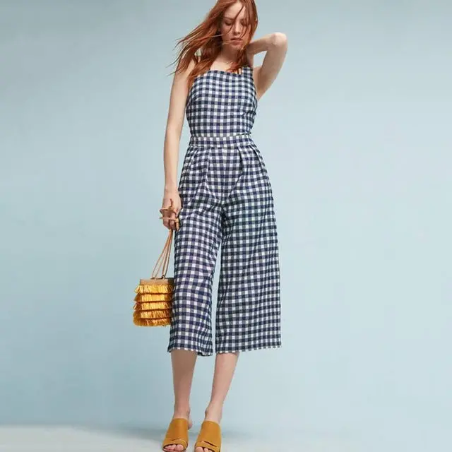 2017 New Fashion White Blue Plaid Women Jumpsuits Back Cross Sleeveless Playsuits Casual Preppy Style Vintage Rompers Ag31 2