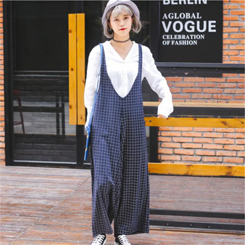 Sudb England Design Jumpsuit Fashion Preppy Style Bib Pants Casual Loose Wide Leg Pants Wild Pants Plaid Striped Romper Playsuit 1
