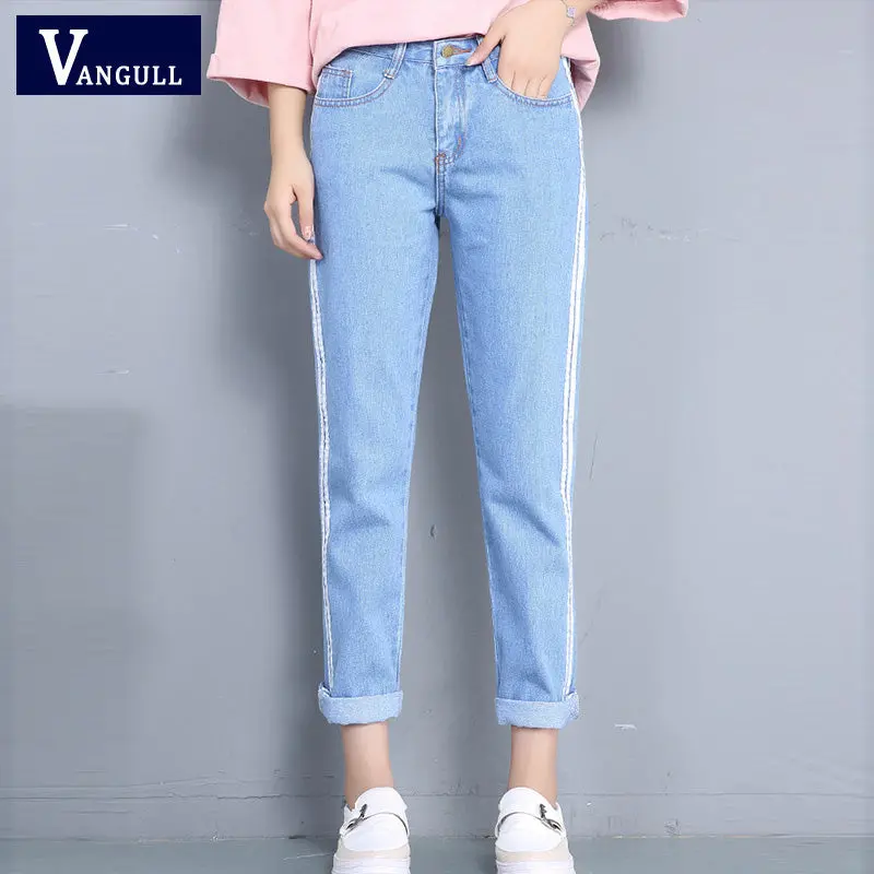 Woman Side Striped Harem Jeans Zipper Plus Size Denim Pants Preppy Style Pocket 4 Color Ankle-Length Casual Spring Vangull 2018 1