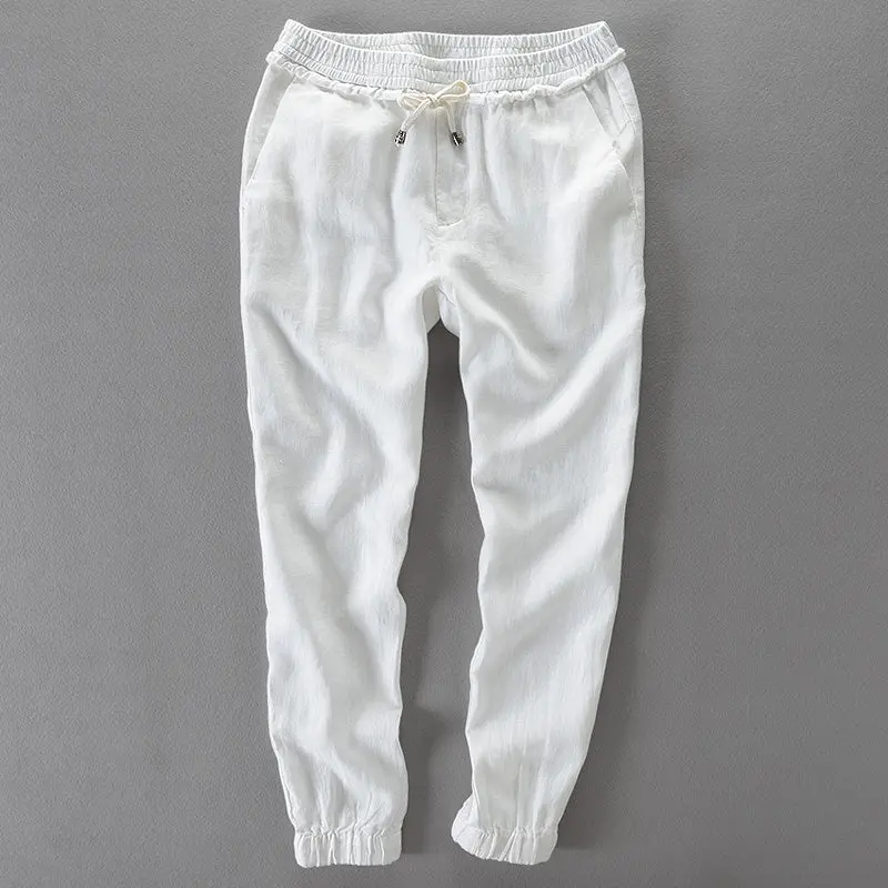 Pure Color Linen Trousers Male Summer With Nine Minutes Of Pants, Lacing Wire Feet Nine Minutes Of Pants Casual Pants Loose Sand 1