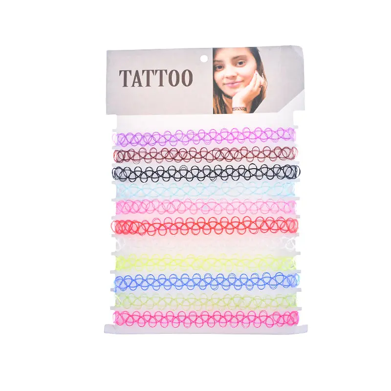 Hot Sale 11 Pcs Colorful Women Vintage Stretch Tattoo Choker Necklace Gothic Punk Grunge Henna Elastic Weave Necklaces Collar 1