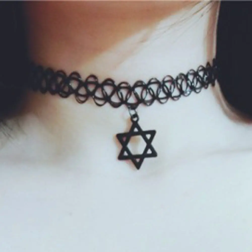 Women Necklaces Vintage Stretch Lace Tattoo Choker Necklace Gothic Punk Grunge Henna Elastic With Choker Pendant 1