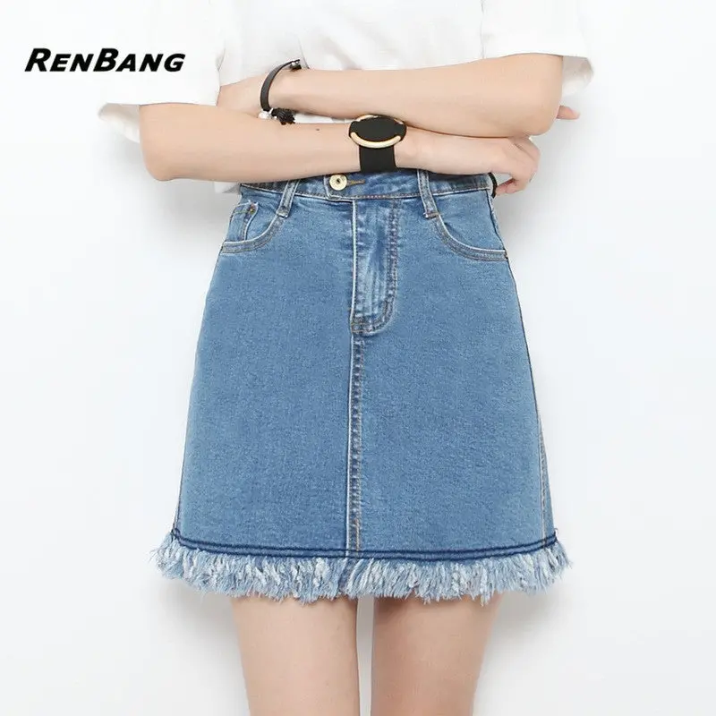 Renbang 2018 New Summer Plus Size Women Skirt Us A-Line High Waist Denim Skirts Short Vintage Woman Cowgirl Mini Jeans Skirt 1