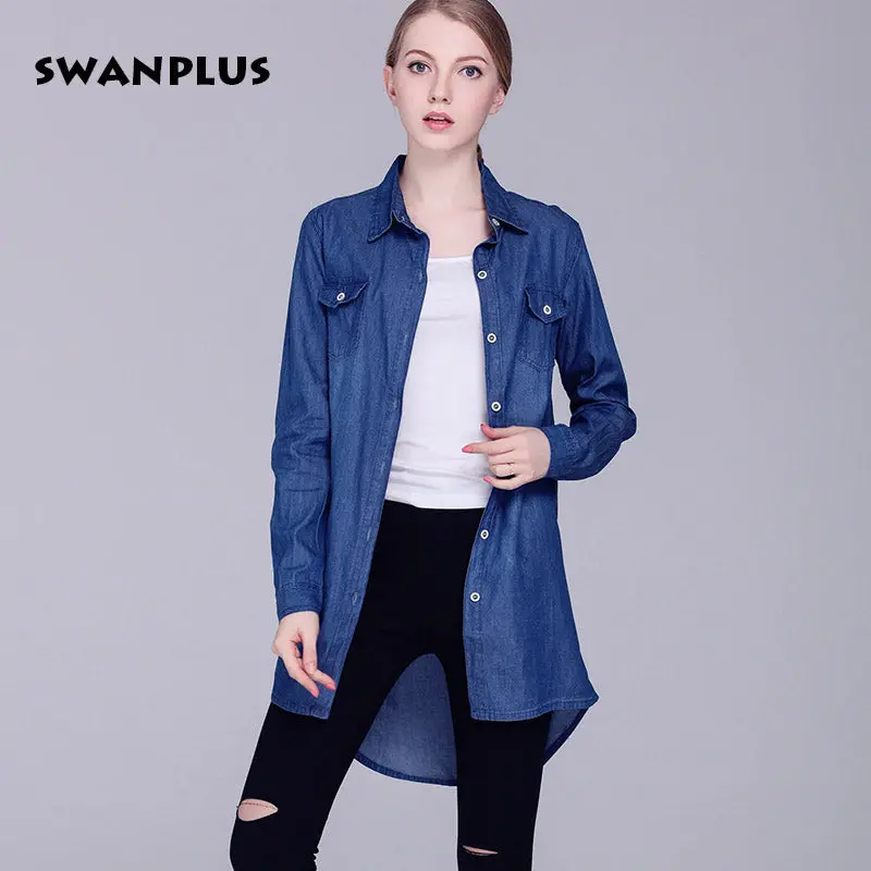 Womens Denim Shirts Blue Color 2018 New Fashion Ladies Blouses Cardigans Lapel Neck Long Sleeve Female Casual Cowgirl Long Tops 1