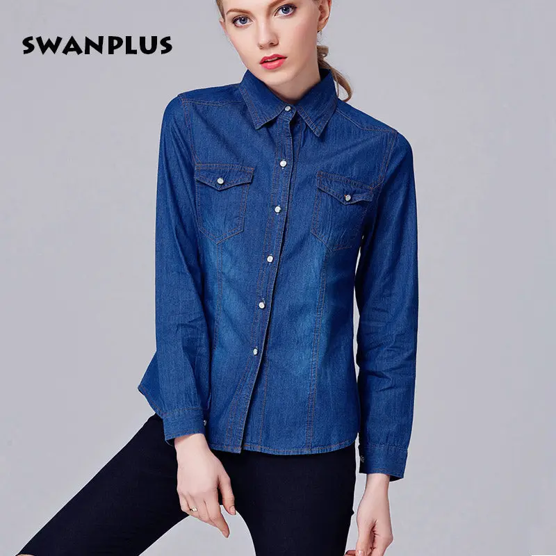 Womens Fashion Denim Shirt Lapel Neck 2018 Spring Autumn Female Cowboy Tops Long Sleeve With Pockets Ladies Cowgirl Blouses Blue 1