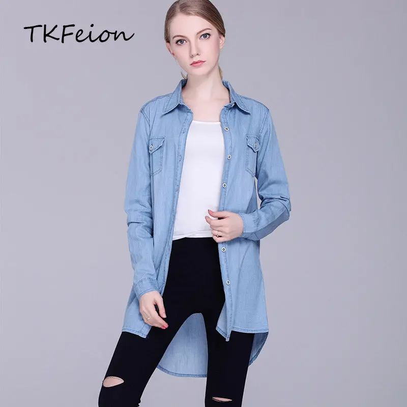 Womens Denim Shirts Blue Color 2018 New Fashion Ladies Long Blouses Cardigans Lapel Neck Long Sleeve Female Casual Cowgirl Tops 1