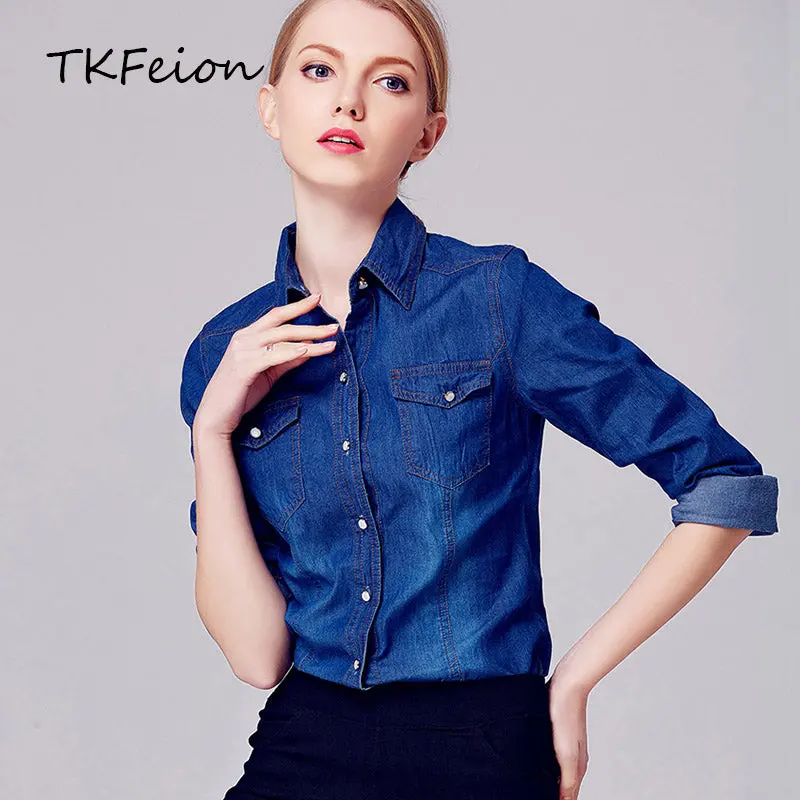 Womens Fashion Denim Shirt Lapel Neck 2018 Spring Autumn Female Cowboy Tops Long Sleeve With Pockets Ladies Cowgirl Blouses Blue 1