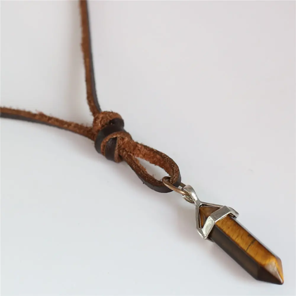 Trendy Brown Genuine Top Leather Sweater Chain Tiger Eye Pillar Stone Pendant Necklace Men Women Homme Male Cowboy Jewelry 1