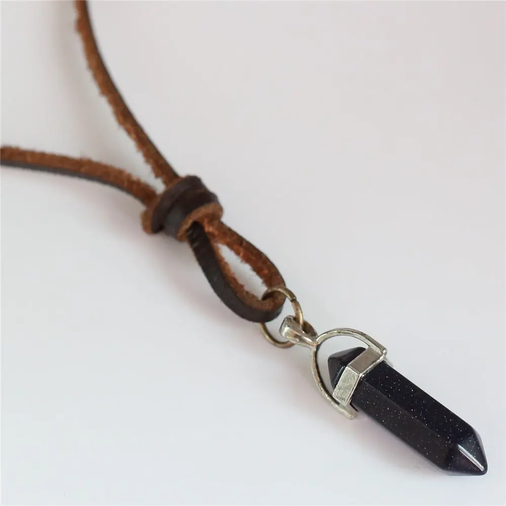 Hot Brown Genuine Top Leather Rope Sweater Chain Blue Sand Stone Pillar Pendant Necklace Men Women Homme Male Cowboy Jewelry 1