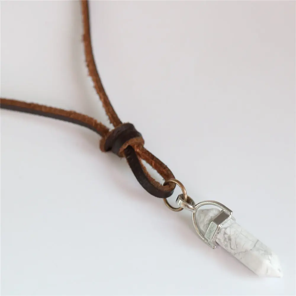 White Turquoises Pillar Stone Pendant Necklace Men Women Brown Genuine Top Leather Rope Sweater Chain Homme Male Cowboy Jewelry 1