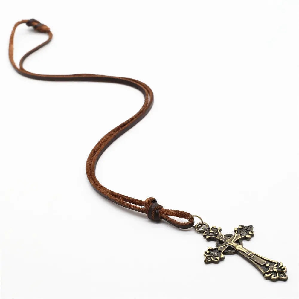 Handmade Vintage Brown Genuine Cowhide Leather Rope Chain Bronze Cross Pendant Necklace Men Women Homme Male Cowboy Jewelry 1