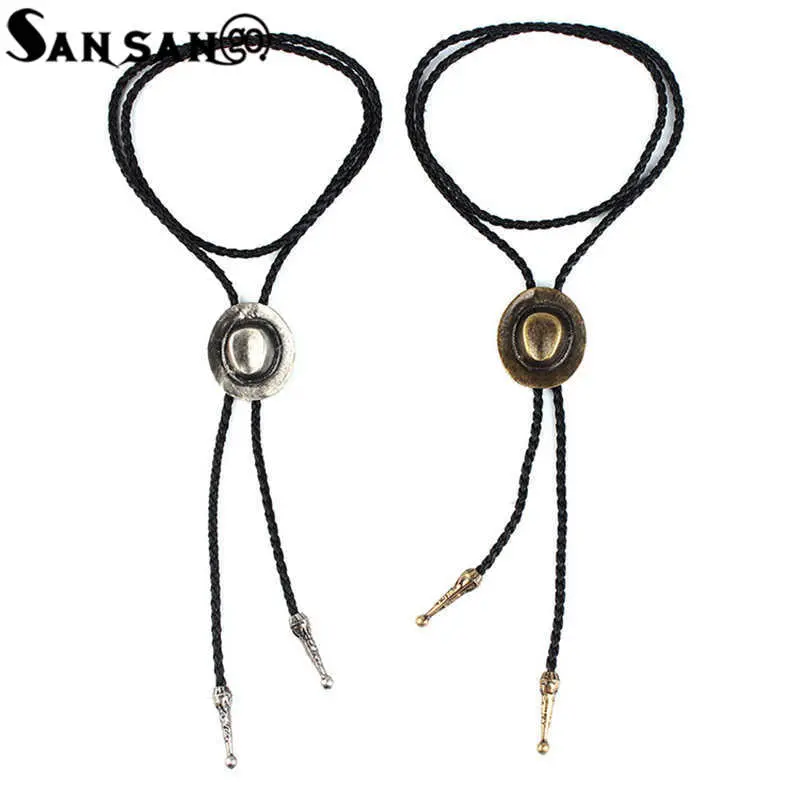 Antique Silver Bronze Tone Cowboy Hat With Bone Charms Pendant Necklace Soft Pu Leather Chain Sweater Accessories For Woman 1