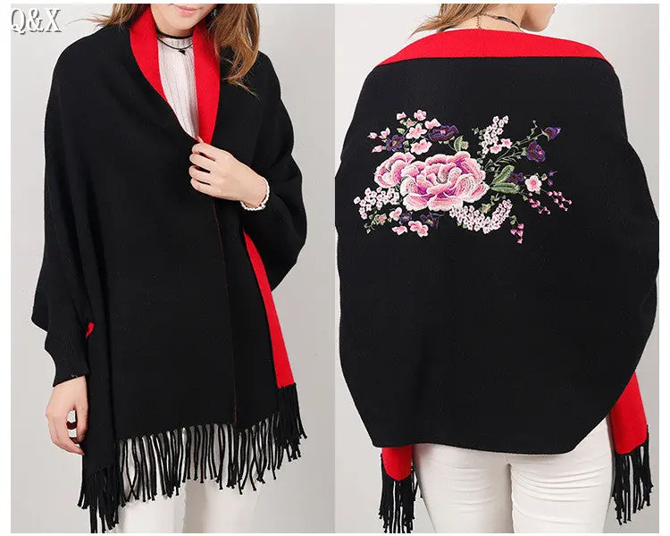 Sc15 2017 Scarf Winter Faux Cashmere Poncho Women Solid Female Long Sleeves Wrap Vintage Shawl With Back Embroidered Floral 1