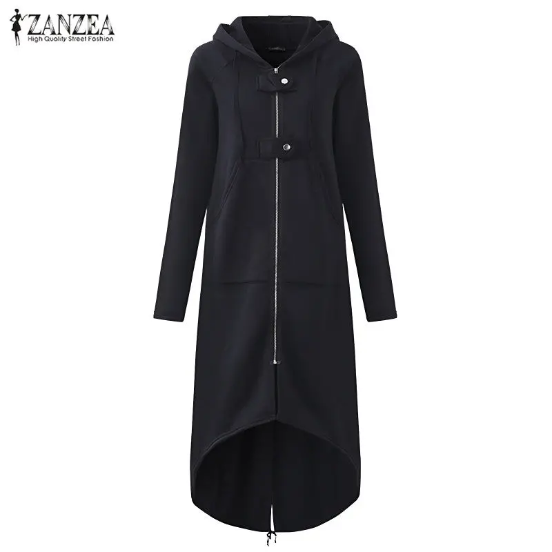 Zanzea 2018 Autumn Hooded Long Sleeve Zip Sweatshirt Hoodies Coat Women Solid Long Jacket Irregular Hem Black Outwear Plus Size 1