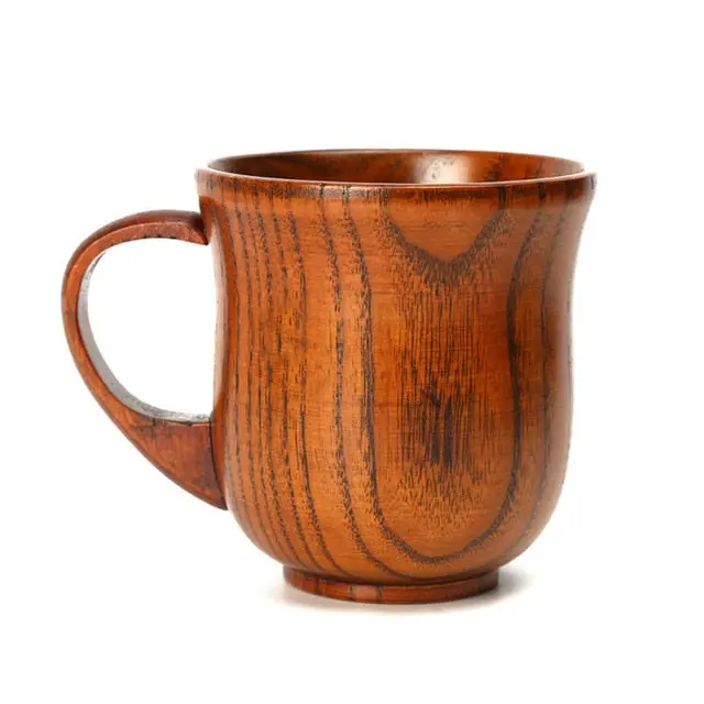 1Pc Wooden Cups Coffee Beer Mug Teacups Classic Wood Cups & Mugs With Handgrip 2 Designs Home Office Mug Wood Utensils Gift Cups 2