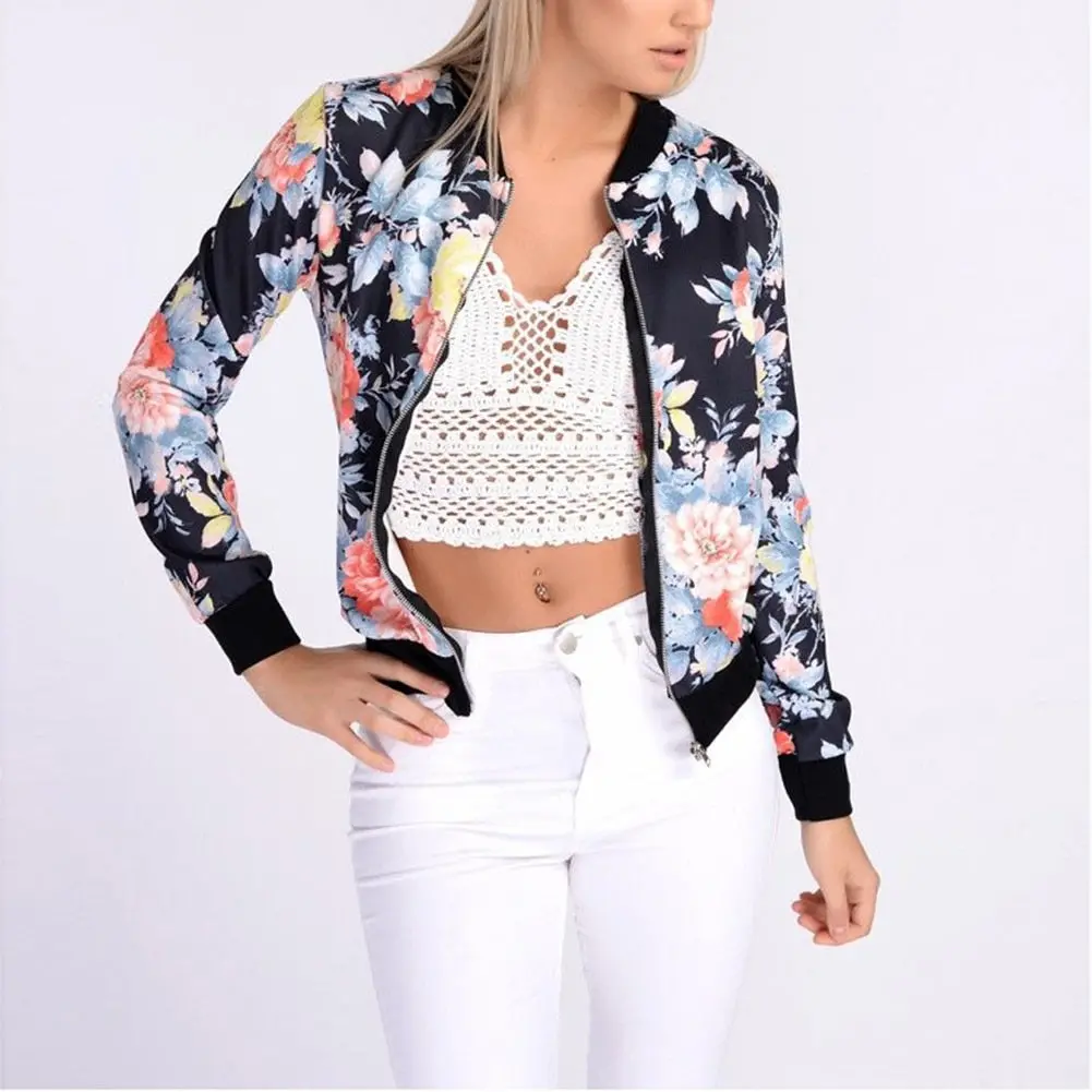Women Retro Flower Floral Print Jacket Zipper Bomber Collar Slim Coat Casual Outwear Female Autumn Spring Jacket Fashion Ladies 1