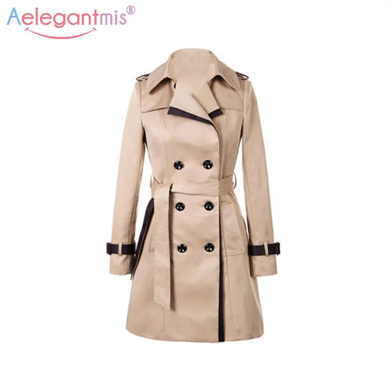 Aelegantmis 2018 Autumn Women Double Breasted Long Trench Coat Khaki With Belt Classic Casual Office Lady Business Outwear Fall 1