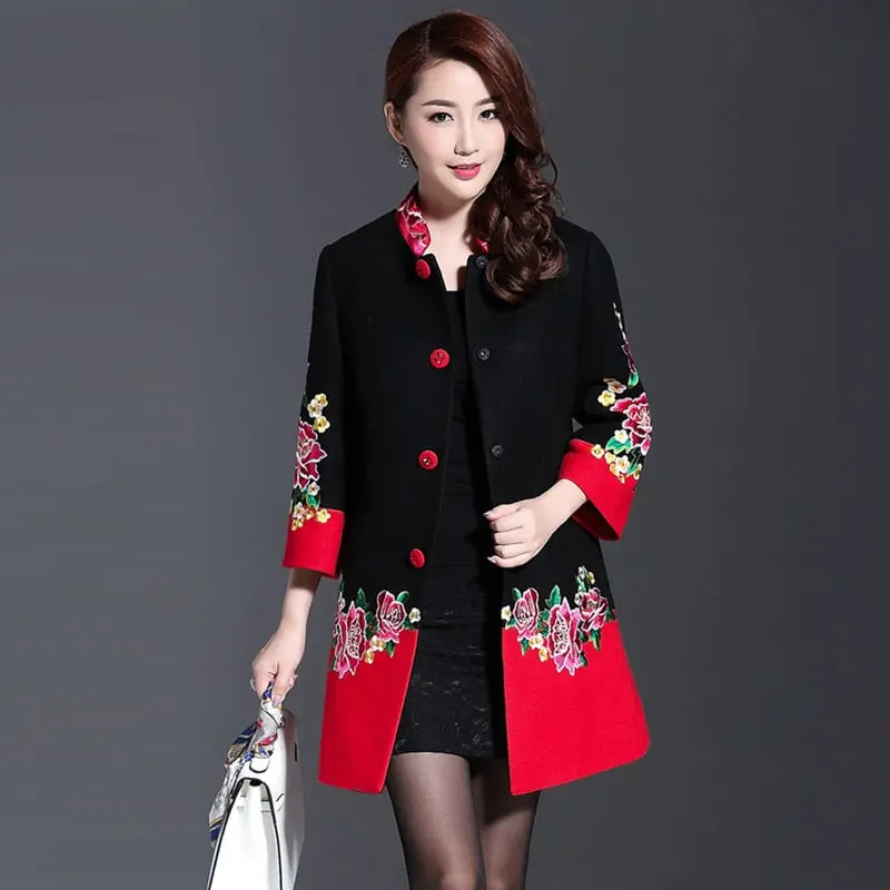 Plus Size 4Xl Cashmere Flower Embroidery Women Winter Long Coats 2018 Black Red Patchwork Single Breasted Eleagnt Overcoat 1