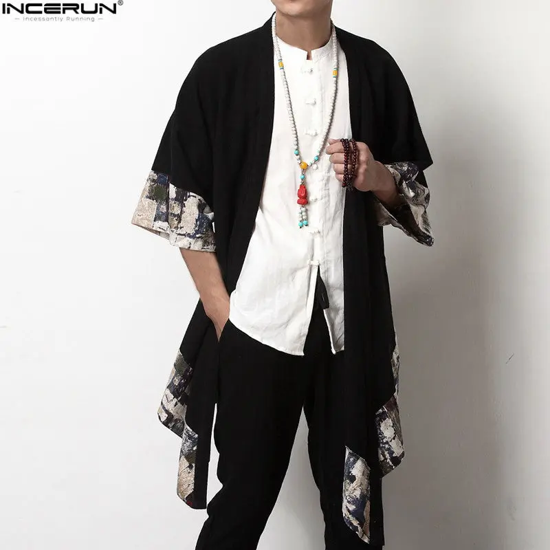 2018 Plus Size Fashion Men Long Outwear Shirts Half Sleeve Irregular Chinese Style Retro Male Cloak Coats Stylish Casual Trench 1
